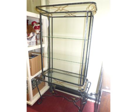 Wrought metal and glass open three tier shelf unit