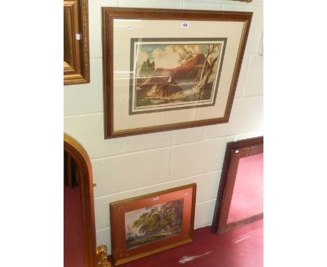 Edward Neatby, A South Devon Barn, coloured etching, 27cm x 38cm, framed and Huntsmen in Woodland, Watercolour, 35cm by 25cm,