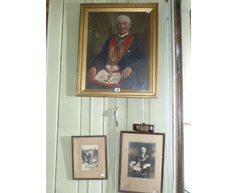 Gilt framed portrait oil of W.H. Darragh, Provincial Grandmaster, two framed photographs, related gavel and key (5)
