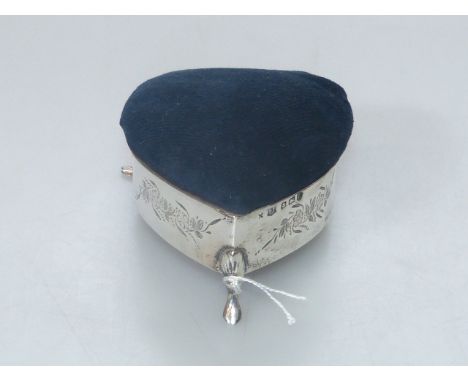 Silver heart shaped ring box with pin cushion lid