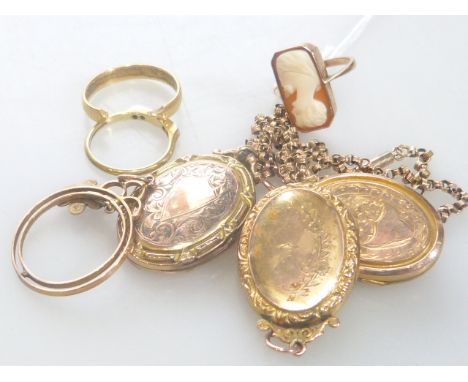 Three 9ct gold pendant lockets, 9ct gold cameo ring, etc