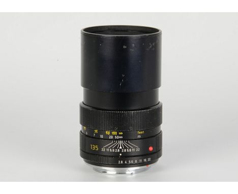 A Leitz Elmarit-R f/2.8 135mm Lens, black, serial no. 2966517, body, G, elements, G, some light scratch marks to front elemen