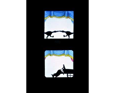 Mahogany-mounted, Brass and Tinplate Double-Lever Mechanical Jointed Shadow Magic Lantern Slides, fighting geese and man in c