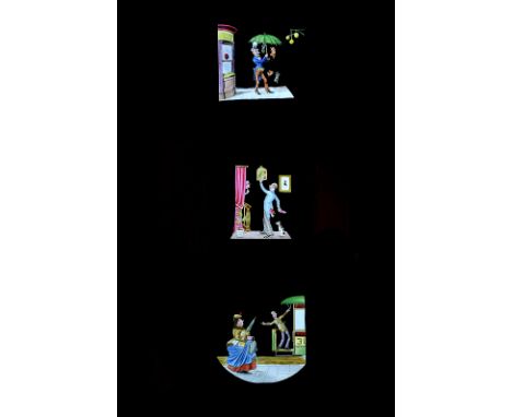 Mahogany-mounted Single-Slipper ‘Comic Slipping Slides’ Hand-Coloured Magic Lantern Slides, including ‘Mr Ally’s [Sloper]Umbr