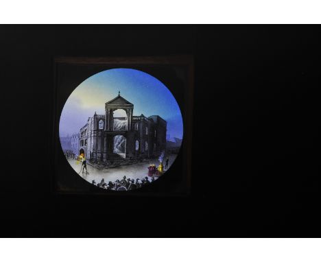 A Mahogany-Mounted W C Hughes Exeter Theatre Royal Fire 1887 Hand-Coloured Magic Lantern Slide Dissolve Set, static - theatre