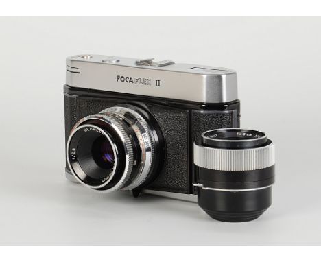 An OPL Focaflex II Camera, chrome, serial no. 50.966F, with Neoplex f/2.8 50mm lens, black, serial no. 10695, body, VG-E, shu