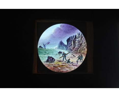 Mahogany-Mounted Shipwreck and Rocket Hand-Coloured Magic Lantern Slide Dissolve Set, static - shipwreck and preparing to fir