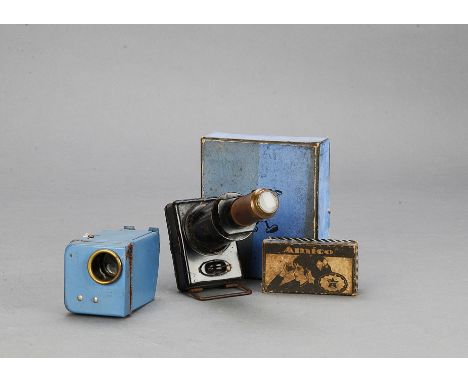 Pocket 35mm/Slide Lanterns, blue Munnscope Mickey Mouse lantern, and box of slides, Amico viewer, in original box, bicycle la