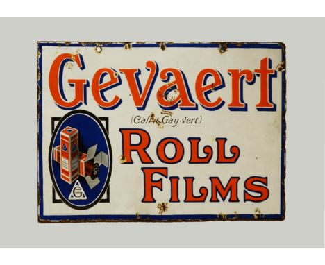 A Gevaert Roll Film Advertising Sign, 12x20”, double sided enamel, some damages to edges