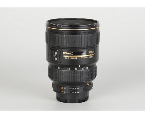 A Nikon Nikkor AF-S ED IF f/2.8 17-35mm Lens, black, serial no. 247131, body, G, ding to filter thread, zoom stiff, elements,