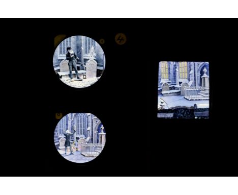 Gabriel Grub Story Set Magic Lantern Slides, various slide types - hand-coloured - panoramic slipper of Grub walking past nig