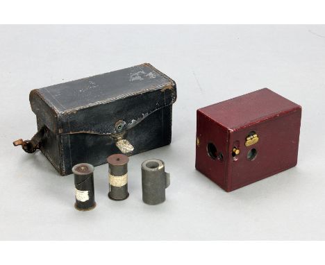 A Pocket Kodak Box Camera, red, 1895, body, VG-E, shutter working, lens, G-VG, some light fungus, with two original films on 