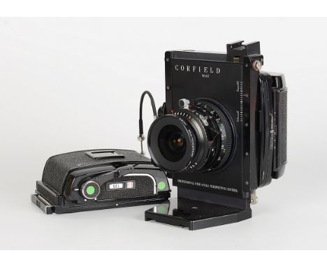 A Corfield WA67 Camera, black, serial no. 1046, with Schneider Super-Angulon f/5.6 47mm lens, black, serial no. 14387063, bod