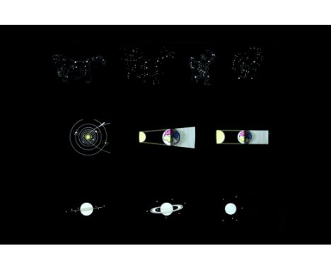 A Day Long Mahogany-Mounted Astronomical Static Hand-Painted Magic Lantern Slide Set, each slide with two to four images, wit