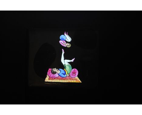Mahogany-mounted Double-Slipper Hand-Coloured Magic Lantern Slides, flying owl with moving eyes, strengthened with perspex, a