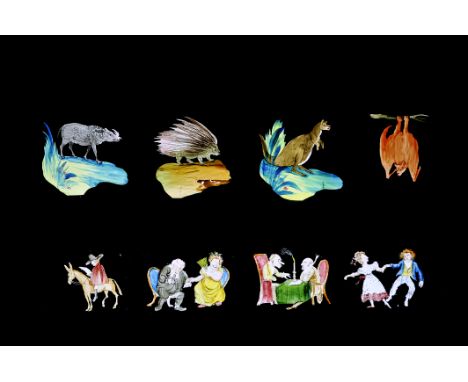 Long Mahogany-Mounted Static Magic Lantern Slides, hand-coloured and chromolithographic - quantity, including comic, educatio