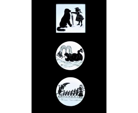 Static mahogany-mounted hand-painted and hand-coloured comic silhouette magic lantern slides, including Newton Mr. Punch’s jo