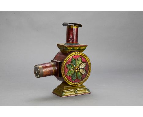 A Lapierre lacquered tinplate Salon Circular Magic Lantern, with illuminant, 340mm high, P-F, mirror loose, latch adapted