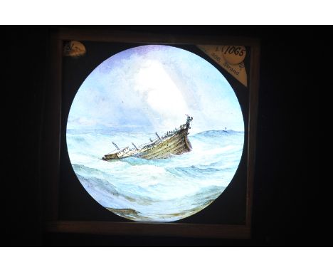 A J H Steward Wrecked Sailing Ship at Sea hand-painted mahogany-mounted Magic Lantern Dissolve Set, 3¼in. square, in storm, d