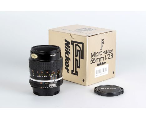 A Nikon Micro-Nikkor Ais f/2.8 55mm Lens, black, serial no. 507434, body, E, elements, VG, some very light internal dust, in 