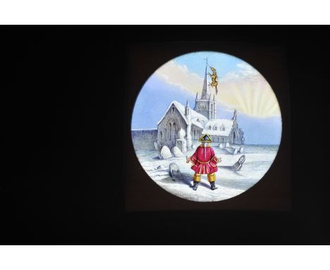 Mahogany-mounted magic lantern slides, various - including Carpenter & Westley ‘Church Steeple Adventure’ from Tales of Baron