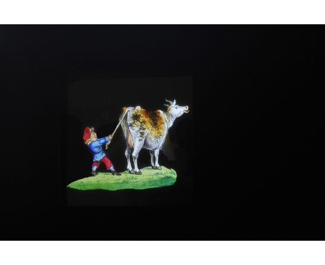 Mahogany-mounted Triple-Slipper/Triple-Action Hand-Coloured Magic Lantern Slides, comic triple-slippers - bear hunt and boy p