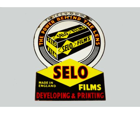 A Selo Films Advertising Sign, 17x23”, double sided enamel, some damges to edges and around hanging holes