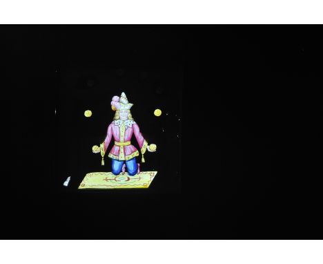 Mahogany-mounted Skipping Comic Hand-Coloured Magic Lantern Slides, F-G, one glass cracked, one lever replaced (6)