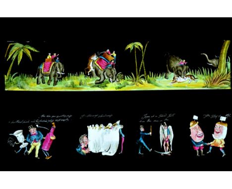 Long Mahogany-Mounted Static Hand-Coloured Magic Lantern Slides, street vendors, titles inscribed to background (4), comic fr