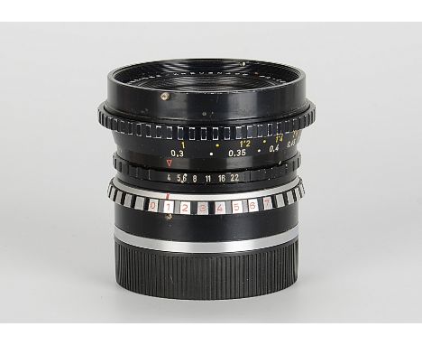 A Schneider PA-Curtagon f/4 35mm Lens, black, serial no. 2977434, body, G, elements, G-VG, some light marks to front element,