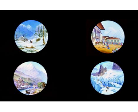 Carpenter & Westley mahogany-mounted hand-painted Swiss Topographical Magic Lantern Slides, including Castle of Chillon, Laus