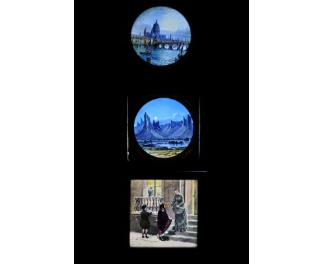 Static mahogany-mounted hand-coloured and photographic topographical magic lantern slides, Holy Land (2), Pompeii, Luxor, Lon