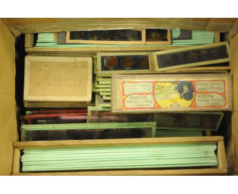 Static paper-mounted hand-coloured and chromolithographic magic lantern slides, French and German, large quantity, various si