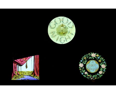 Wood-Mounted Title and Special Magic Lantern Slides, hand-coloured roller-blind theatre curtain slide, F, blind P, and Barnar