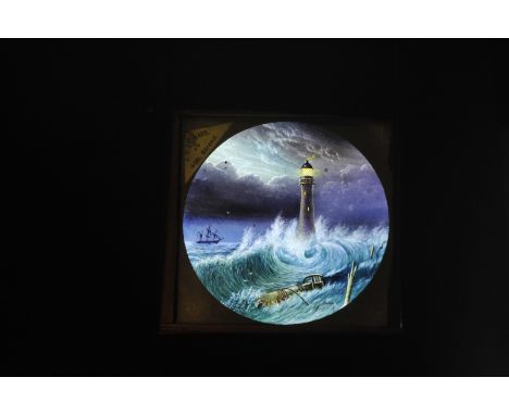 Mahogany-mounted hand-coloured Magic Lantern Slides, lighthouse stormy sea at night - J H Steward full moon and Newton new mo