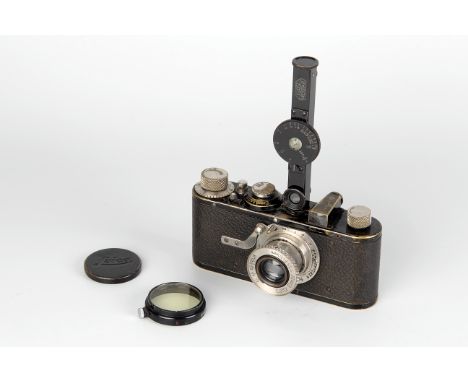 A Leica I Model A Close Focus Camera, black with nickel fittings, serial no. 46525, with Leitz Elmar f/3.5 50mm lens, nickel,