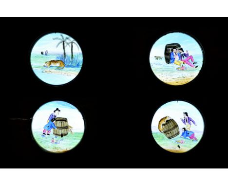 Mahogany-mounted hand-coloured Tale of a Tub Story Set Magic Lantern Slides, (7), F-G, in wooden box