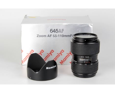 A Mamiya AF f/4.5 55-110mm Lens, black, serial no. CB1014, body, VG, elements, VG, some very light internal haze, in maker’s 