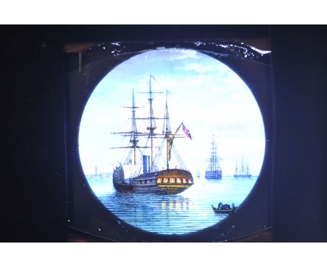 A Carpenter & Westley Steam Frigate in harbour titled ‘Alexandria’ hand-painted mahogany-mounted Magic Lantern Dissolve Set, 
