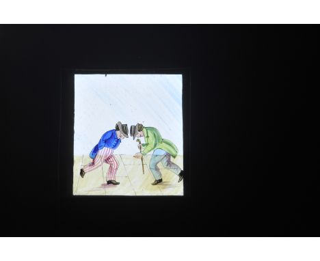 Mahogany-mounted Double-Slipper Hand-Coloured Magic Lantern Slides, comic (5), Zeus and caterpillar/butterfly, F-G, one slipp
