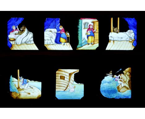 Long Mahogany-Mounted Static Hand-Coloured Magic Lantern Slides, Jack and the Beanstalk (2), Robinson Crusoe (3), Little Red 