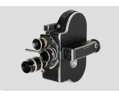 A Bolex 16mm Cine Camera, serial no. 100371, with three lenses including, Kern Yvar AR f/2.8 16mm, serial no. 271062, Kern Sw