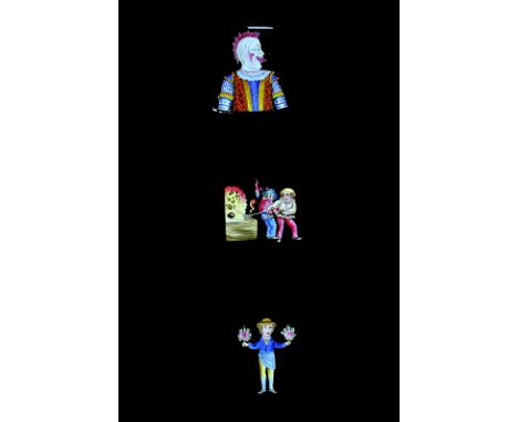 Mahogany-mounted Single-Slipper Comic Hand-Coloured Magic Lantern Slides, F-G, one slipper end repaired (9)