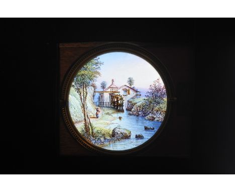 A Carpenter & Westley Mahogany-Mounted Water-Mill Hand-Painted Magic Lantern Slide Dissolve Set, rackwork daytime, static win