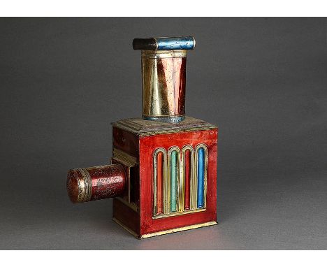 A Lapierre lacquered tinplate Medaillon Polychrome Magic Lantern, 370mm high, circa 1880, G, lacks illuminant