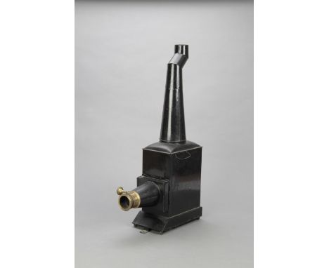 A pair of C Baker painted tinplate and brass Phantasmagoria Dissolving Lanterns, with rack and pinion lenses, with sprung gat