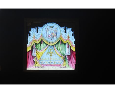 A Mahogany-Mounted Theatre Curtain Hand-Coloured Magic Lantern Slide Dissolve Set, proscenium arch curtain lit then stage cur