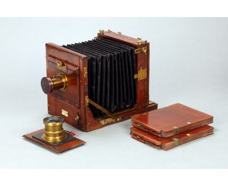 A W. Watson & Sons Premier Mahogany Tailboard Camera, 6½x4¾, with unmarked f/8 brass lens, body, VG, septum slots to rear, le