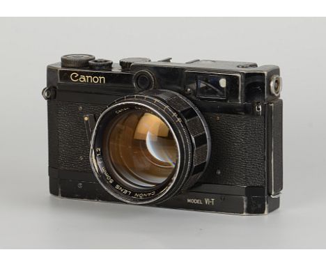 A Canon Model VI-T Rangefinder Camera, black, serial no, 601880, Canon f/1.2 50mm lens, black, serial no. 22770, body, F, shu