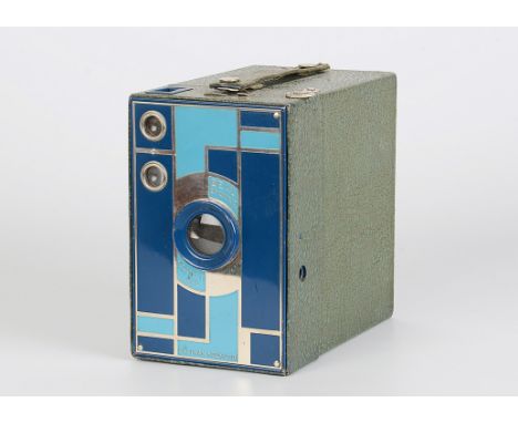 A Kodak Beau Brownie No.2A Camera, blue, body, VG, shutter working, lens, VG, some light fungus, in maker’s case
Condition as